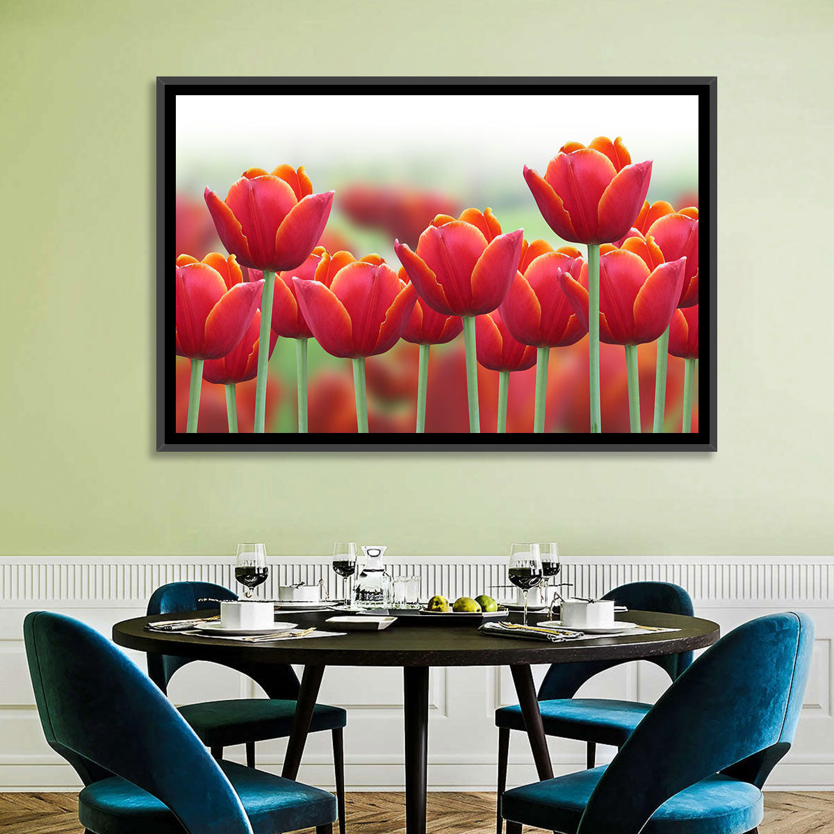 Red Tulips with Yellow Tips Wall Art in a room, landscape