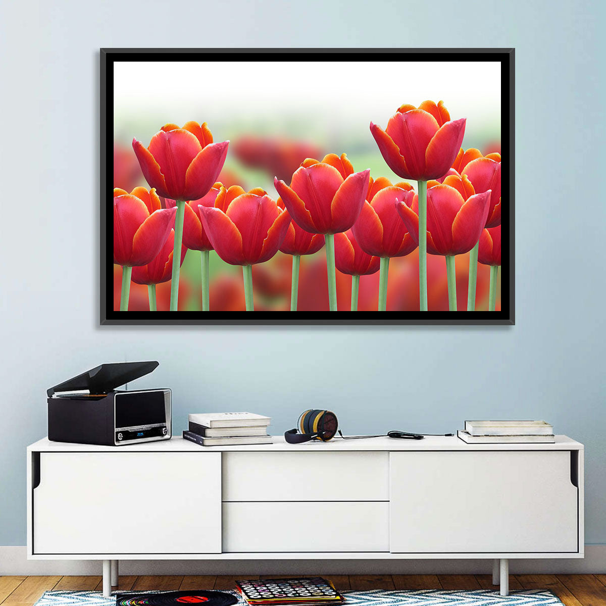 Red Tulips with Yellow Tips Wall Art in a room, landscape