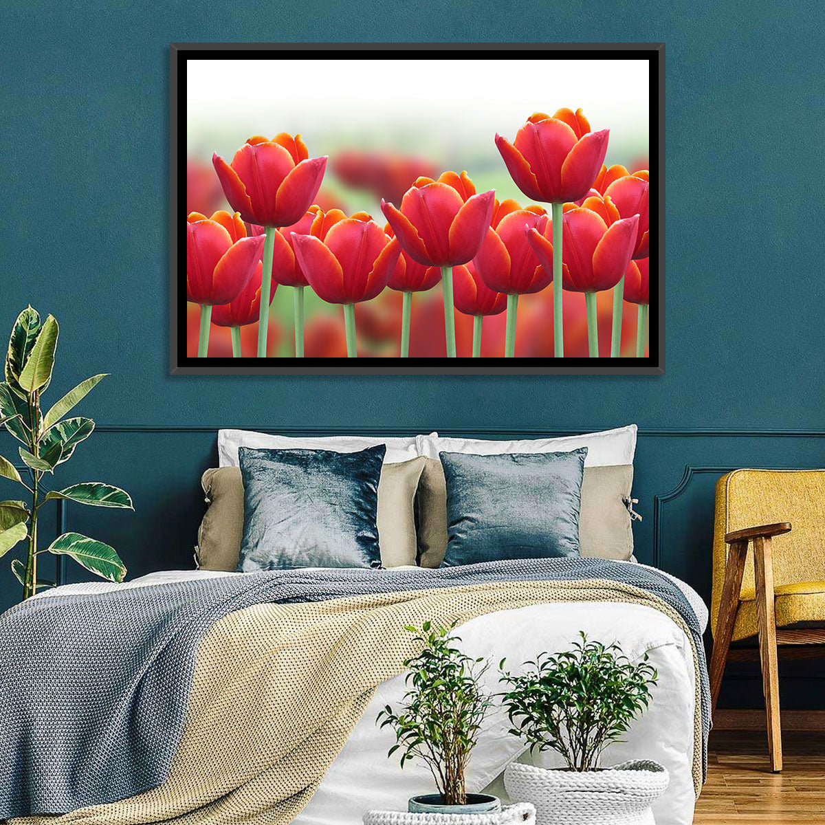 Red Tulips with Yellow Tips Wall Art in a room, landscape