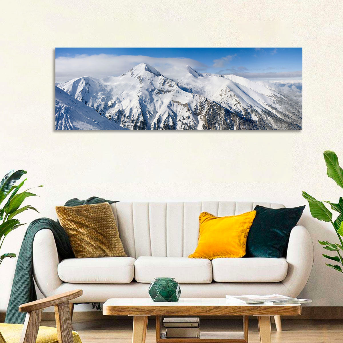 Bansko Snow-capped Peaks Wall Art in a room, panoramic