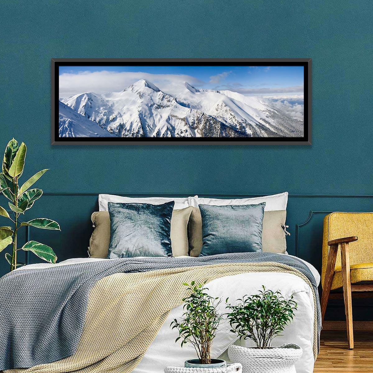 Bansko Snow-capped Peaks Wall Art in a room, panoramic