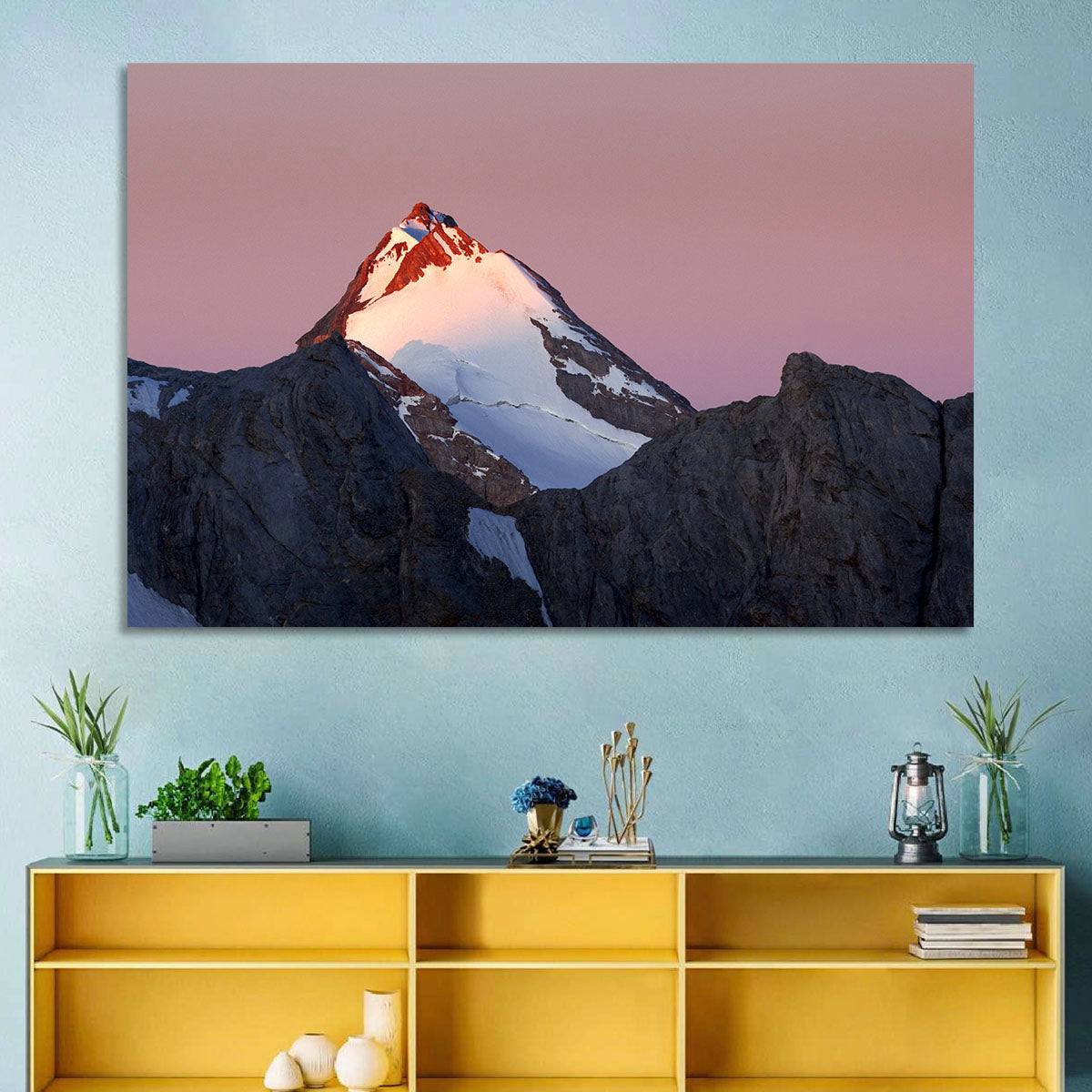 Mount Chimtarga Alpenglow Wall Art in a room, landscape