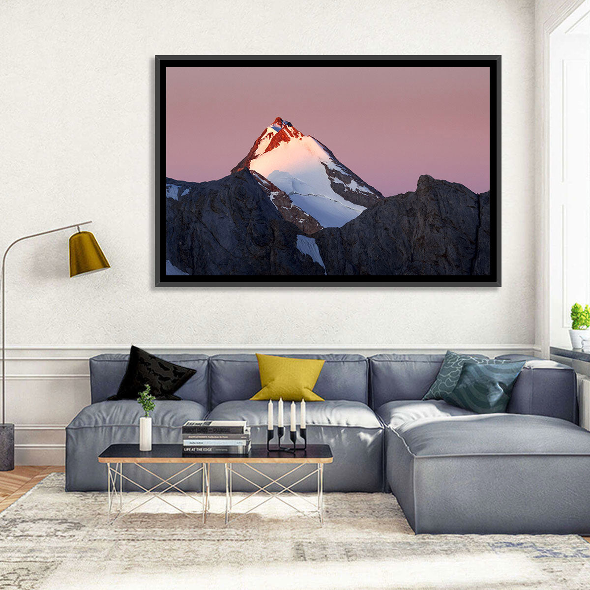 Mount Chimtarga Alpenglow Wall Art in a room, landscape