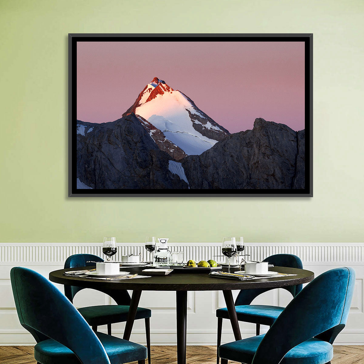 Mount Chimtarga Alpenglow Wall Art in a room, landscape