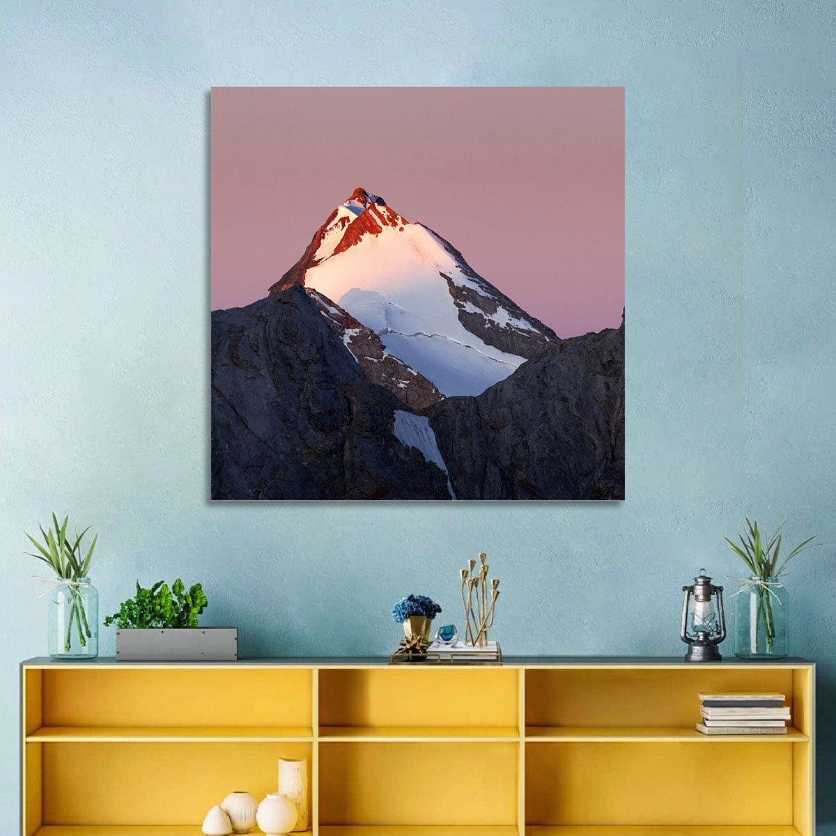 Mount Chimtarga Alpenglow Wall Art in a room, landscape