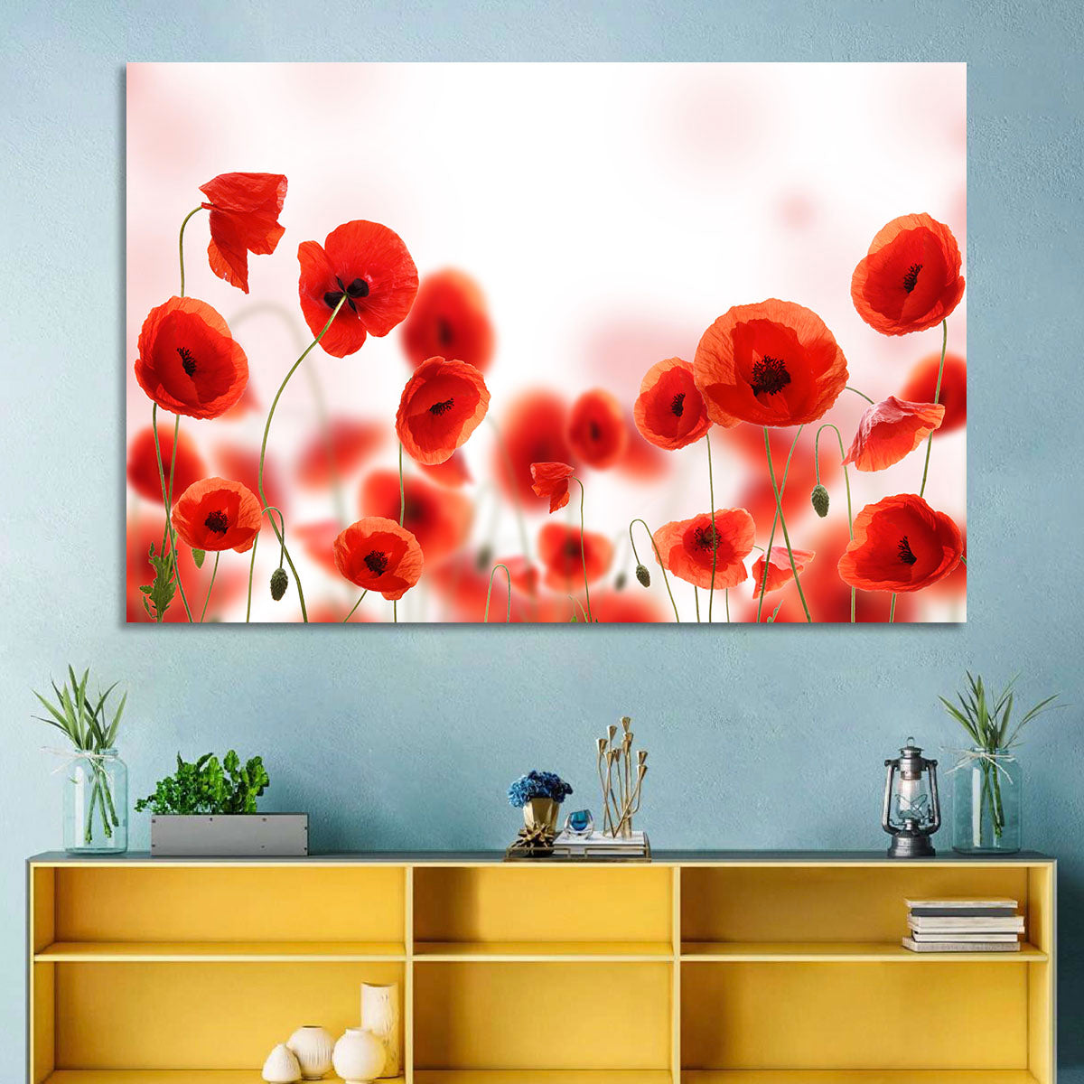 Red Poppy Field Wall Art in a room, landscape