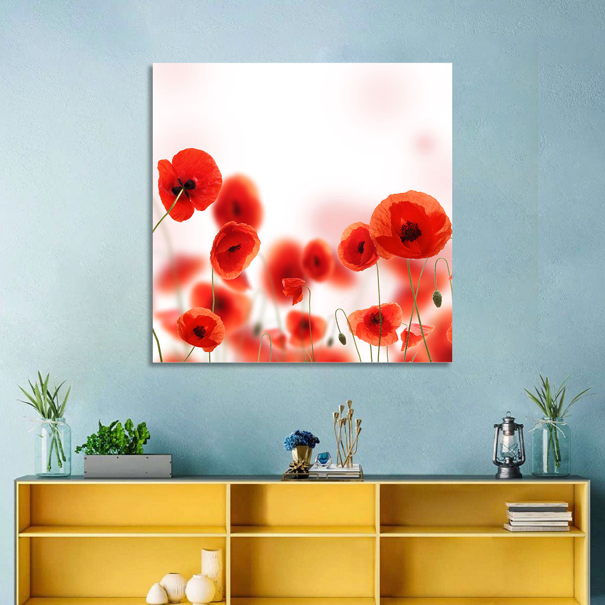 Red Poppy Field Wall Art in a room, landscape