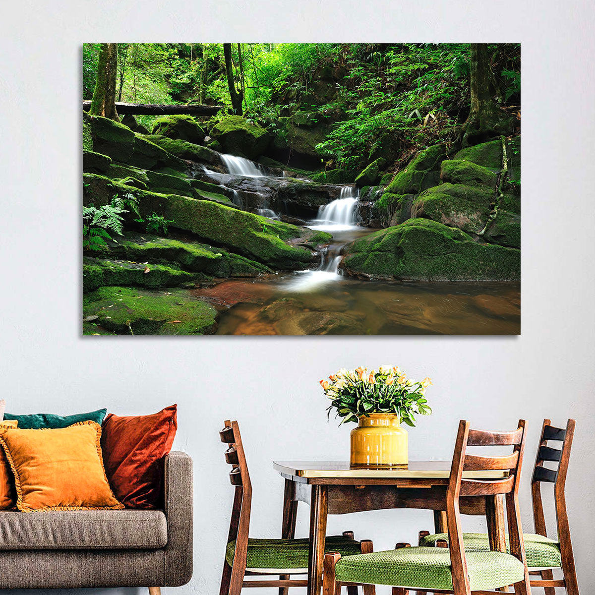 Mossy Rainforest Stream Wall Art in a room, landscape