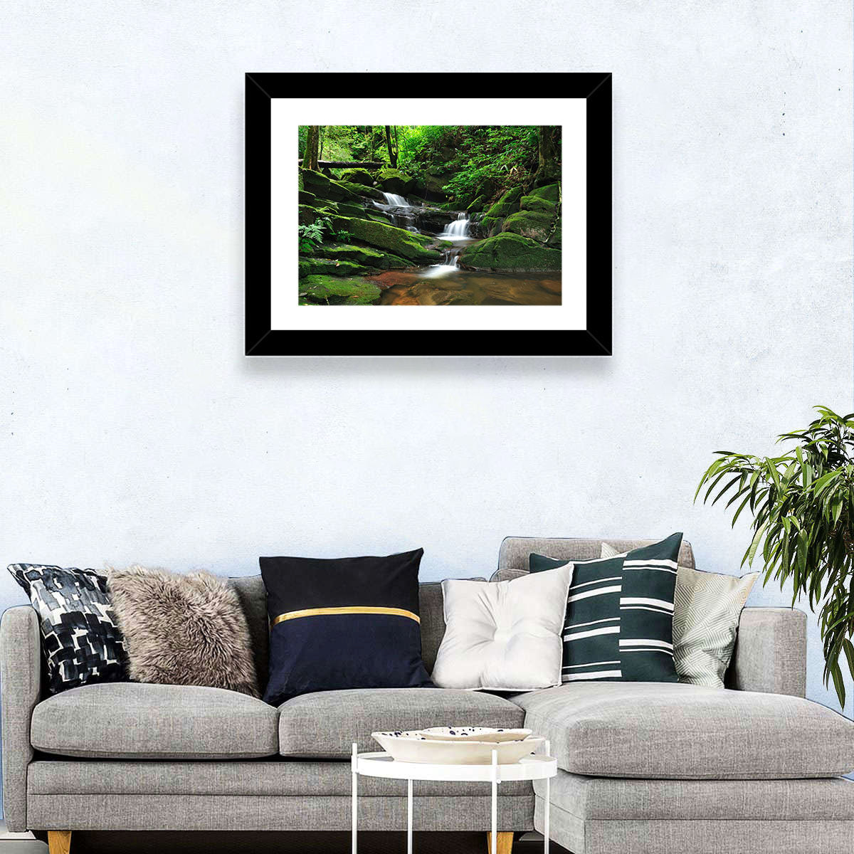 Mossy Rainforest Stream Wall Art in a room, landscape