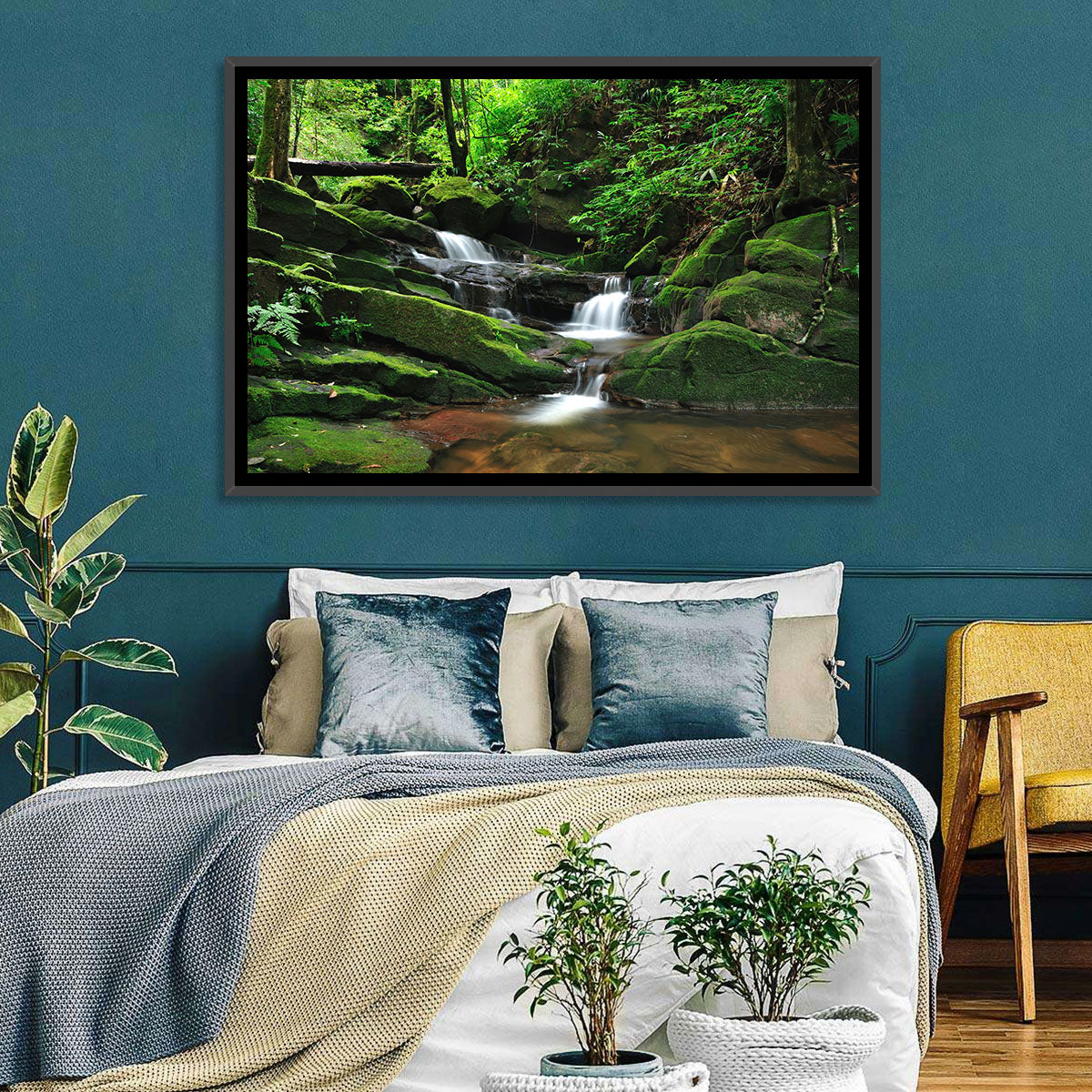 Mossy Rainforest Stream Wall Art in a room, landscape