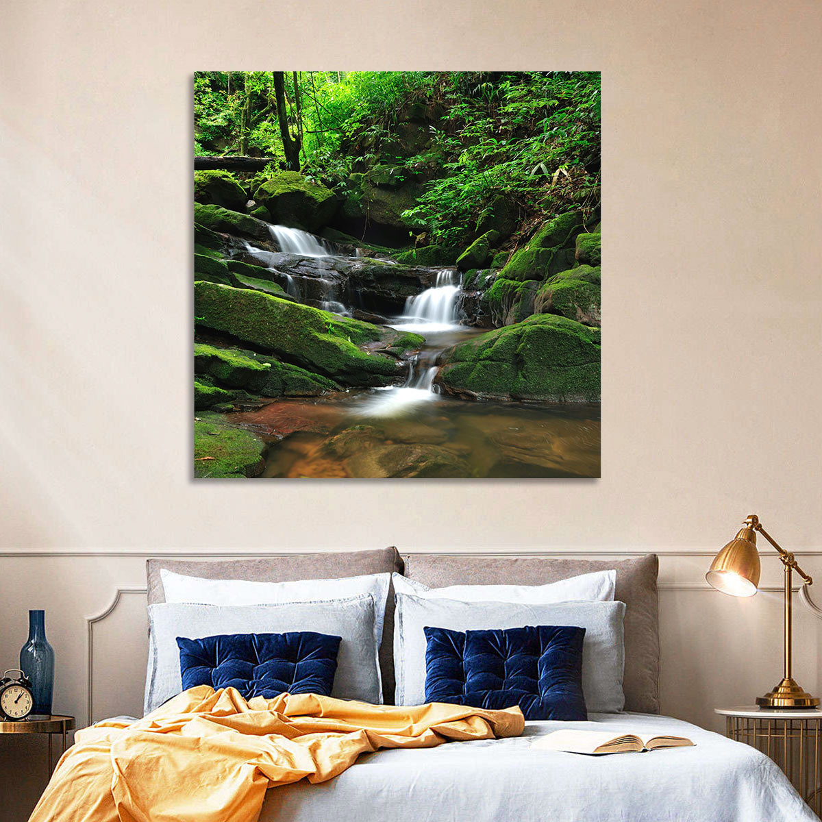 Mossy Rainforest Stream Wall Art in a room, landscape