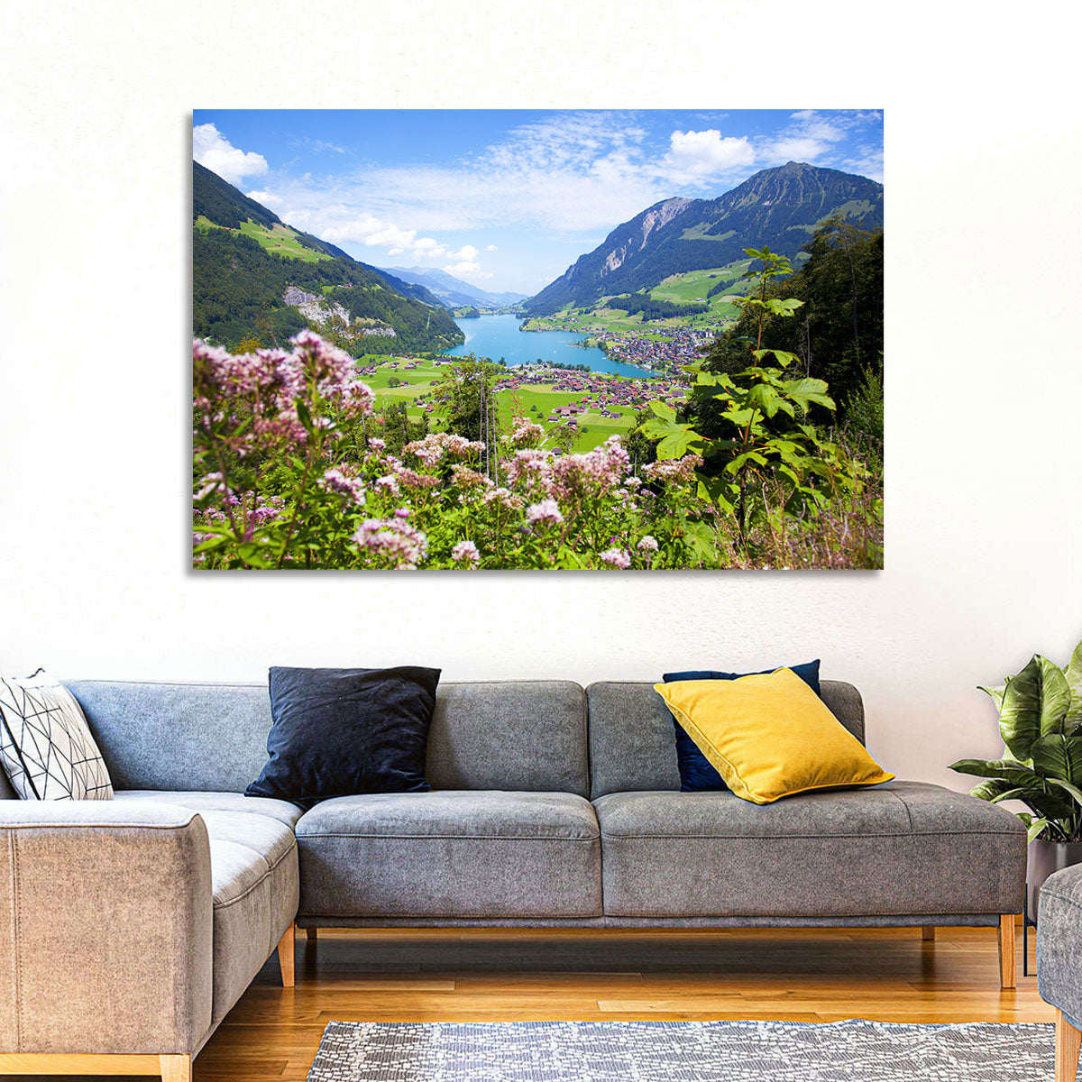 Lungern Village with Wildflowers Wall Art in a room, landscape