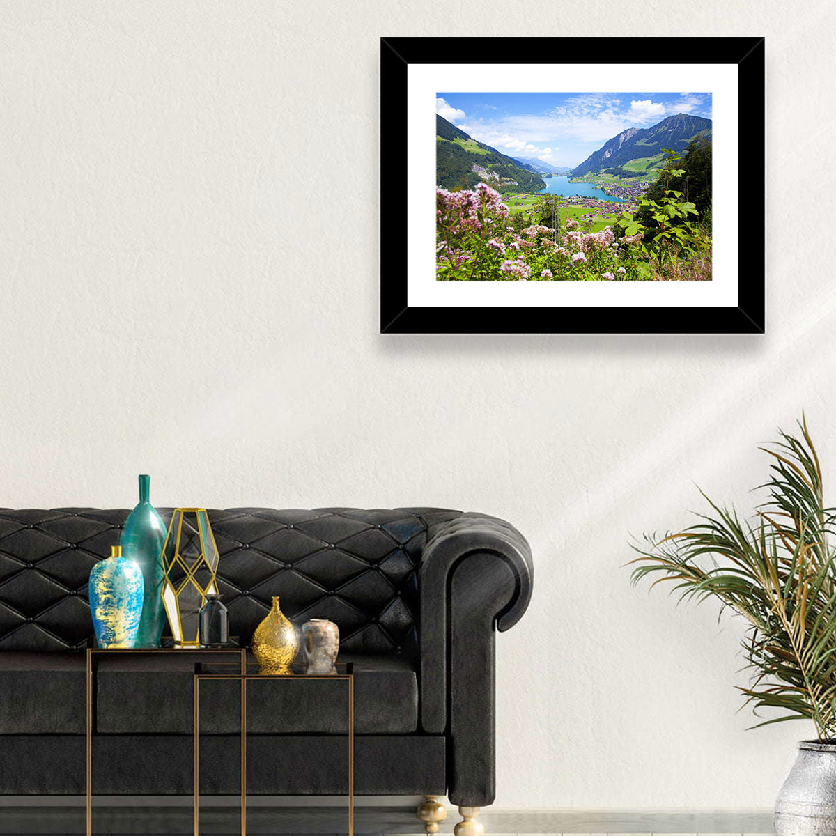 Lungern Village with Wildflowers Wall Art in a room, landscape