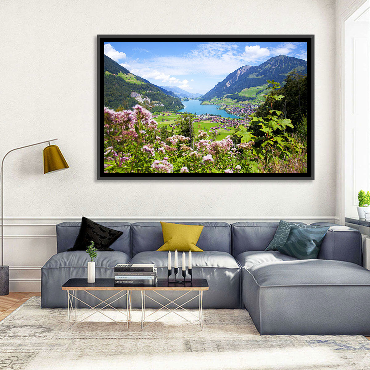 Lungern Village with Wildflowers Wall Art in a room, landscape