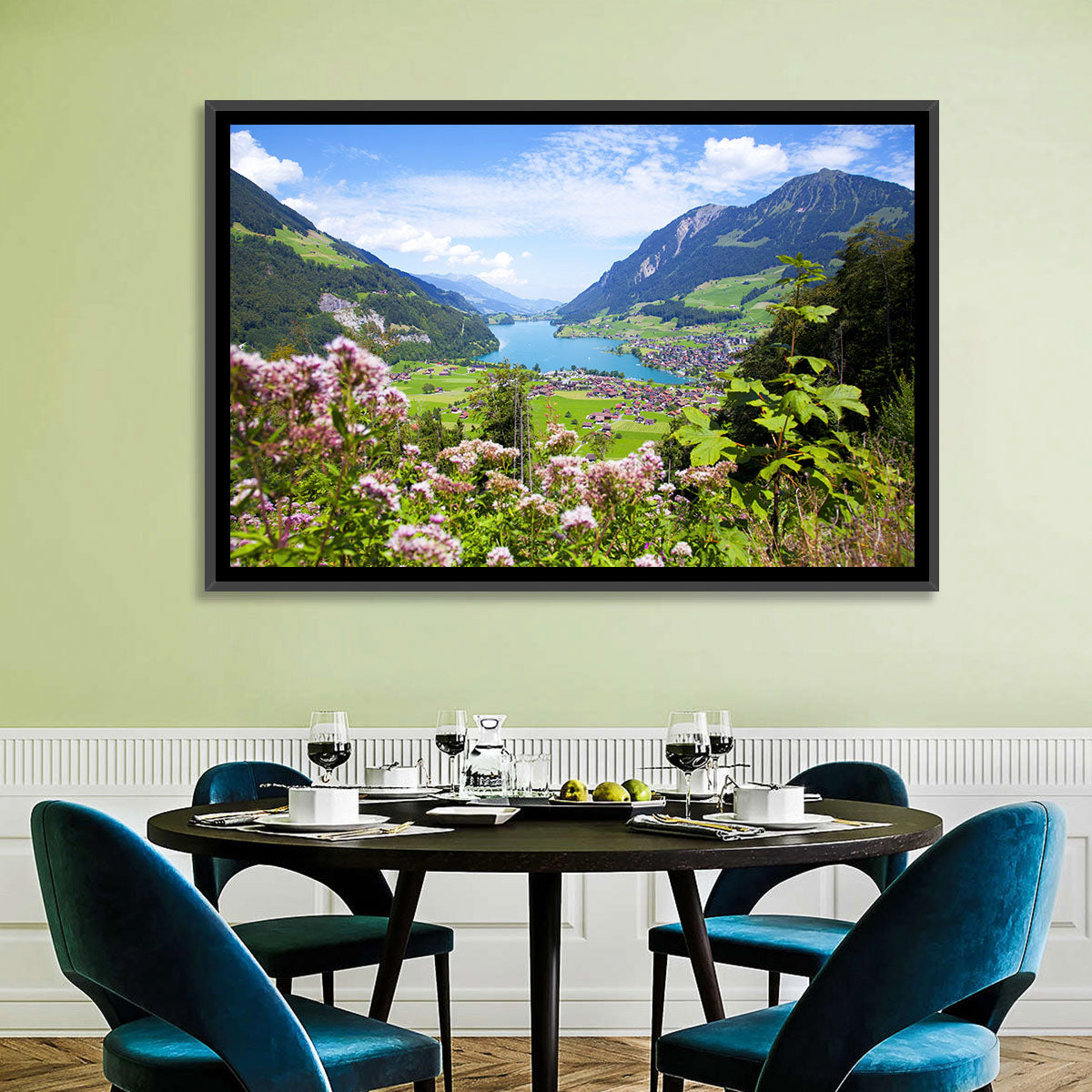 Lungern Village with Wildflowers Wall Art in a room, landscape