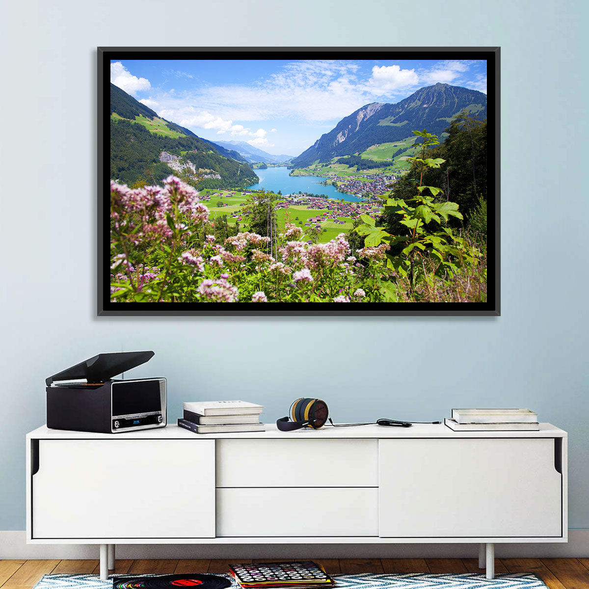 Lungern Village with Wildflowers Wall Art in a room, landscape