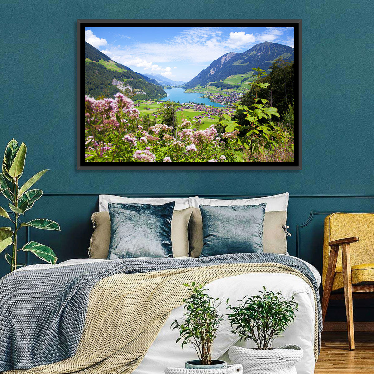 Lungern Village with Wildflowers Wall Art in a room, landscape