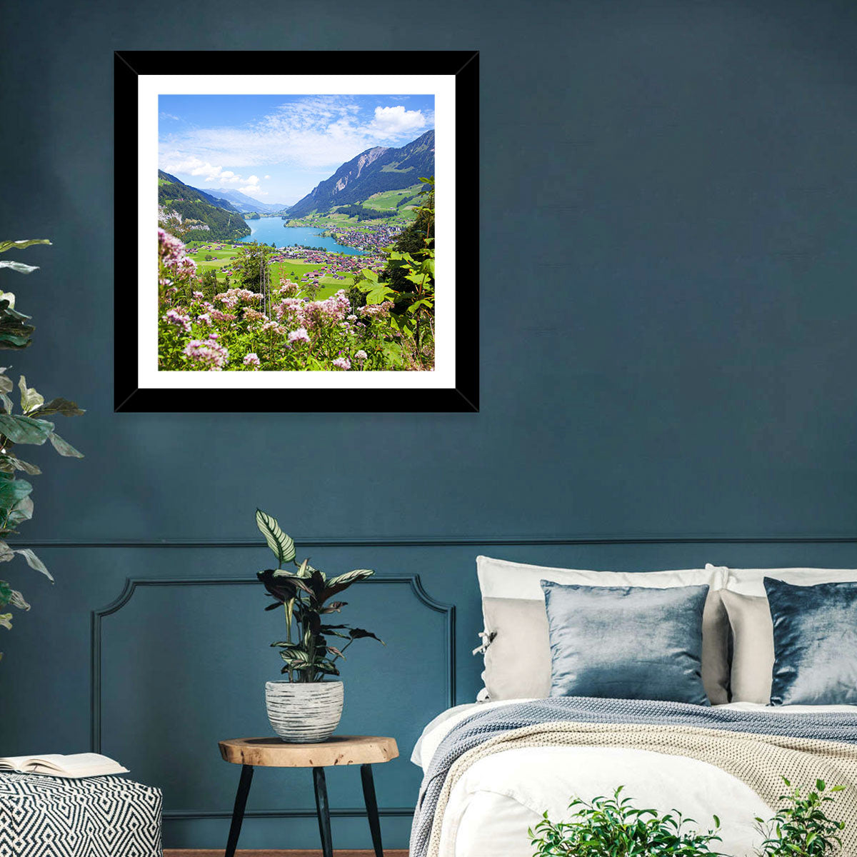 Lungern Village with Wildflowers Wall Art in a room, landscape