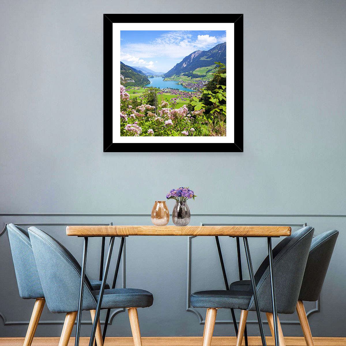 Lungern Village with Wildflowers Wall Art in a room, landscape