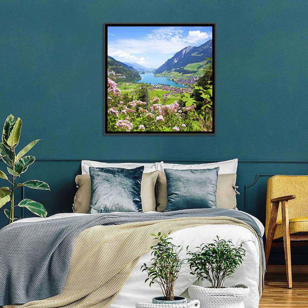Lungern Village with Wildflowers Wall Art in a room, landscape
