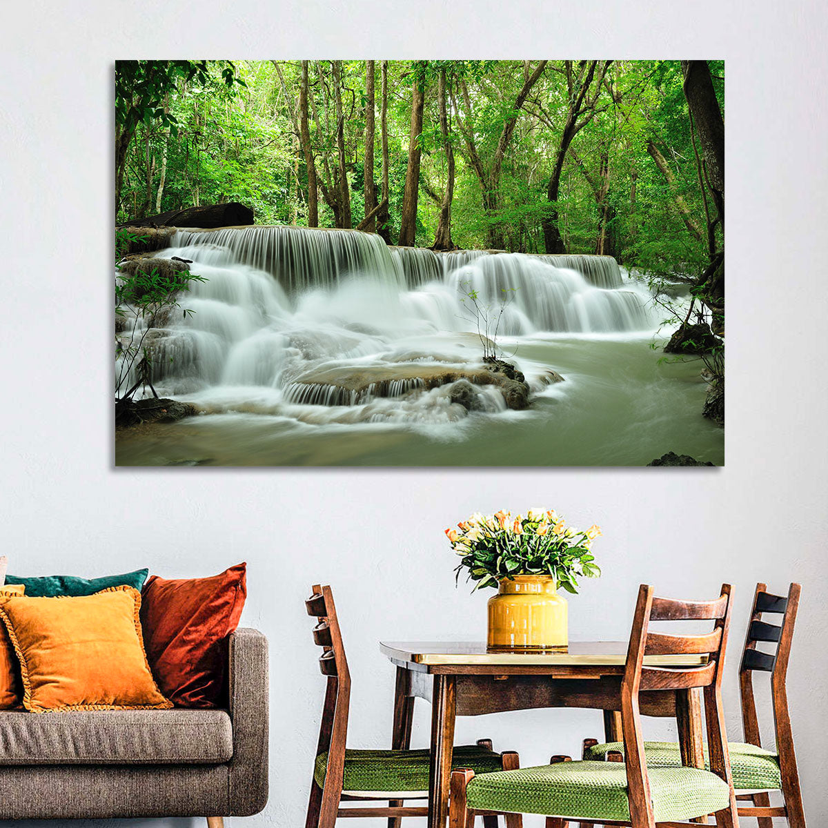 Erawan Falls Forest Cascade Wall Art in a room, landscape