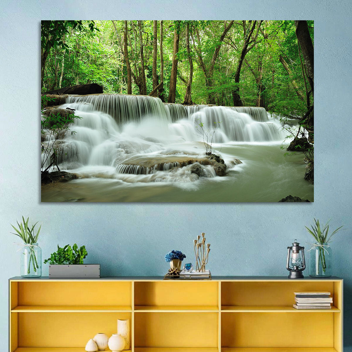 Erawan Falls Forest Cascade Wall Art in a room, landscape