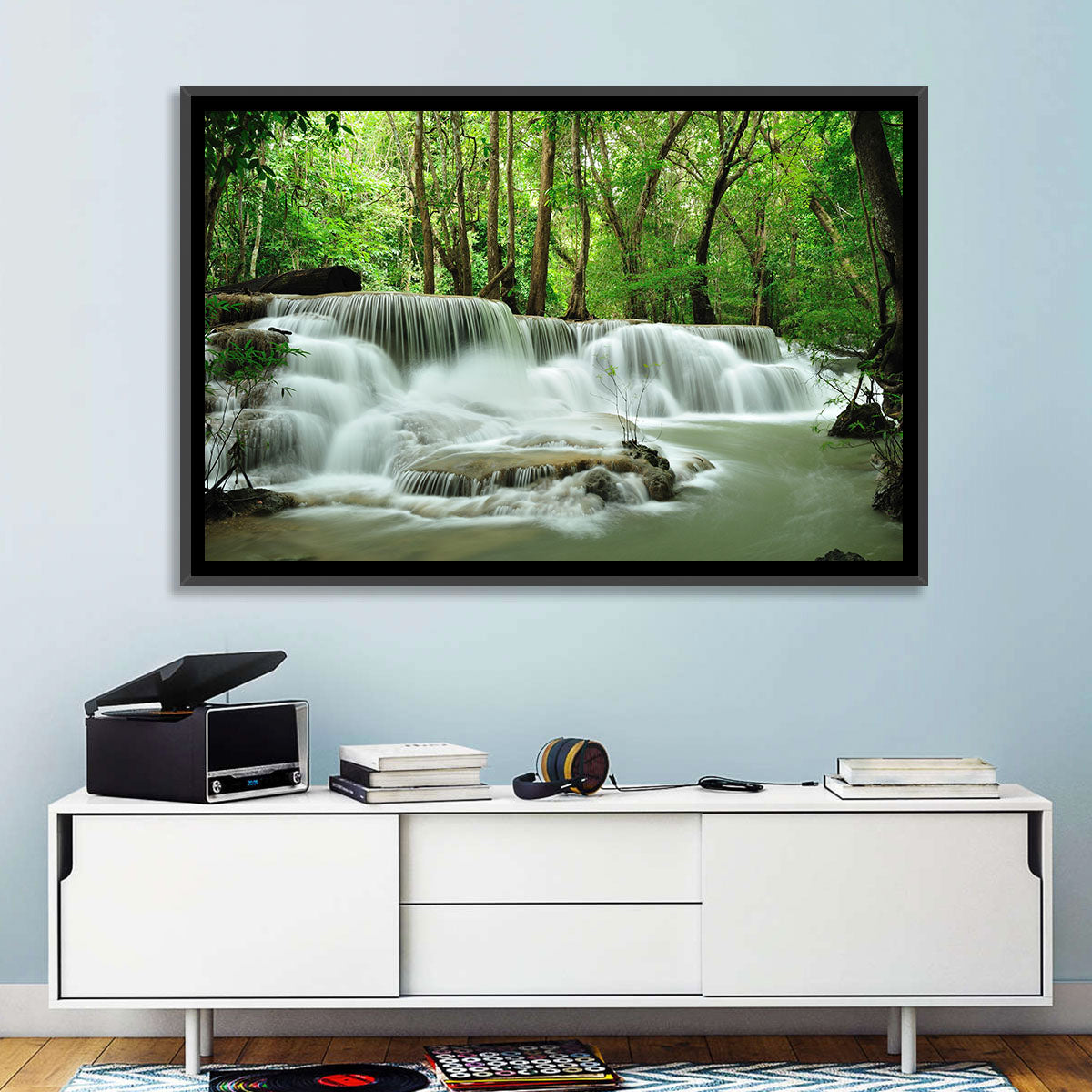 Erawan Falls Forest Cascade Wall Art in a room, landscape