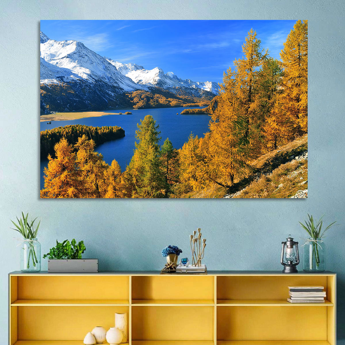 Silsersee Autumn Vista Wall Art in a room, landscape