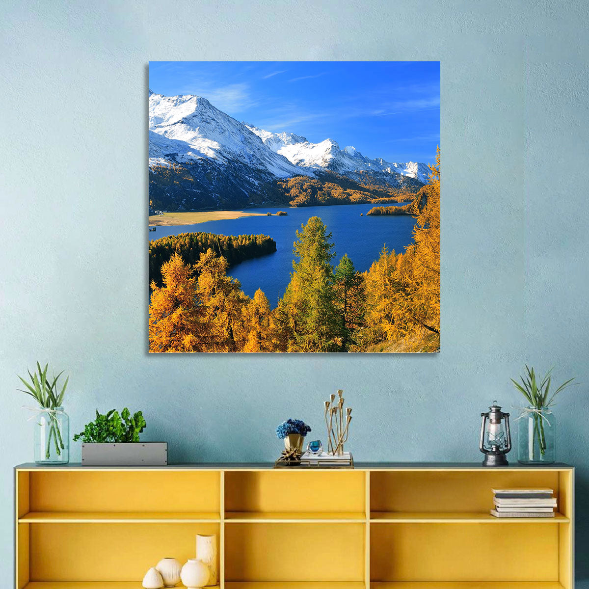 Silsersee Autumn Vista Wall Art in a room, landscape