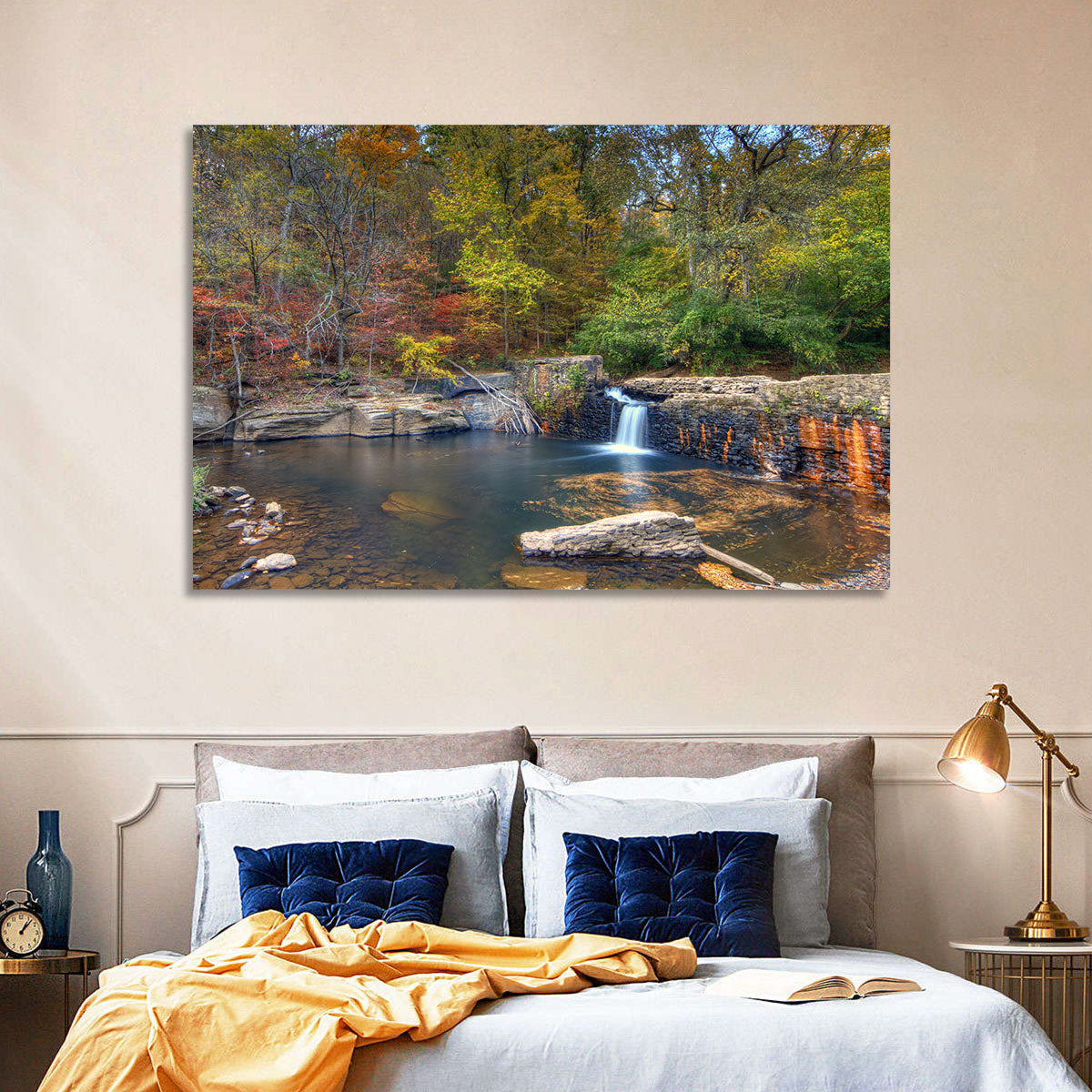 Freeman Mill Stone Dam Pond Wall Art in a room, landscape