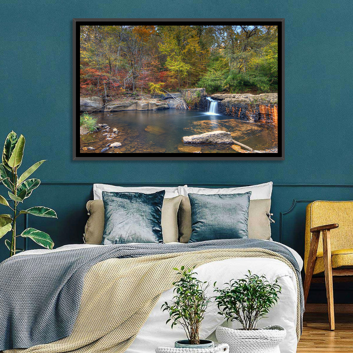 Freeman Mill Stone Dam Pond Wall Art in a room, landscape