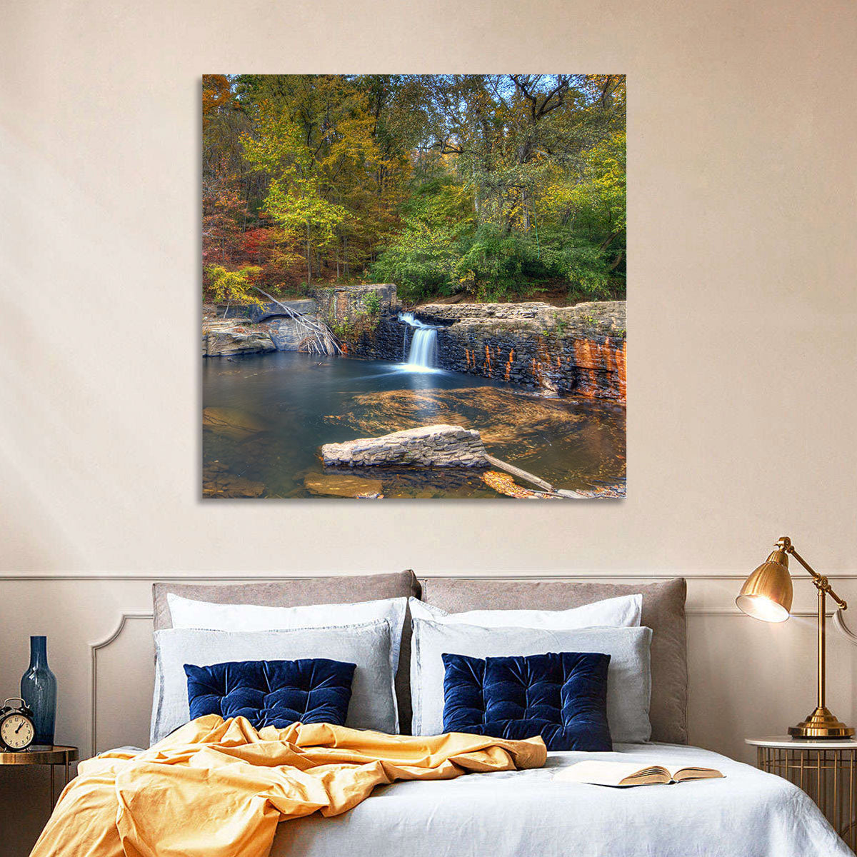 Freeman Mill Stone Dam Pond Wall Art in a room, landscape