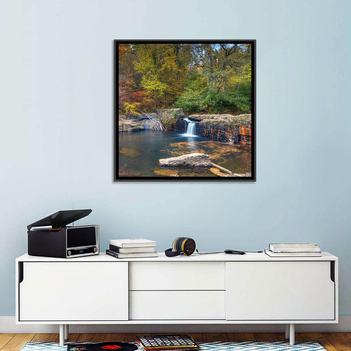 Freeman Mill Stone Dam Pond Wall Art in a room, landscape