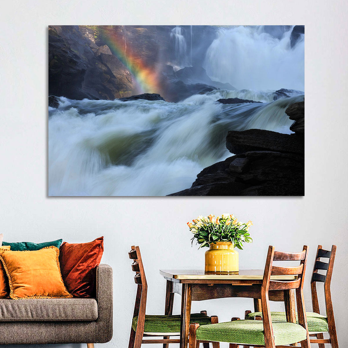 Rainbow Over Rushing River Wall Art in a room, landscape