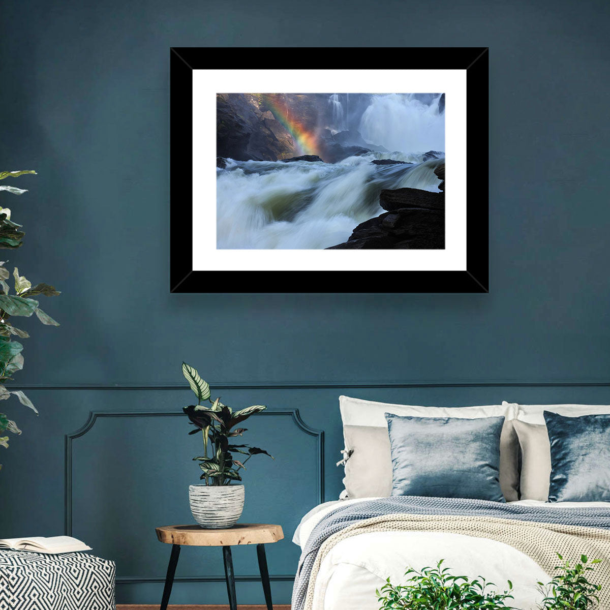 Rainbow Over Rushing River Wall Art in a room, landscape