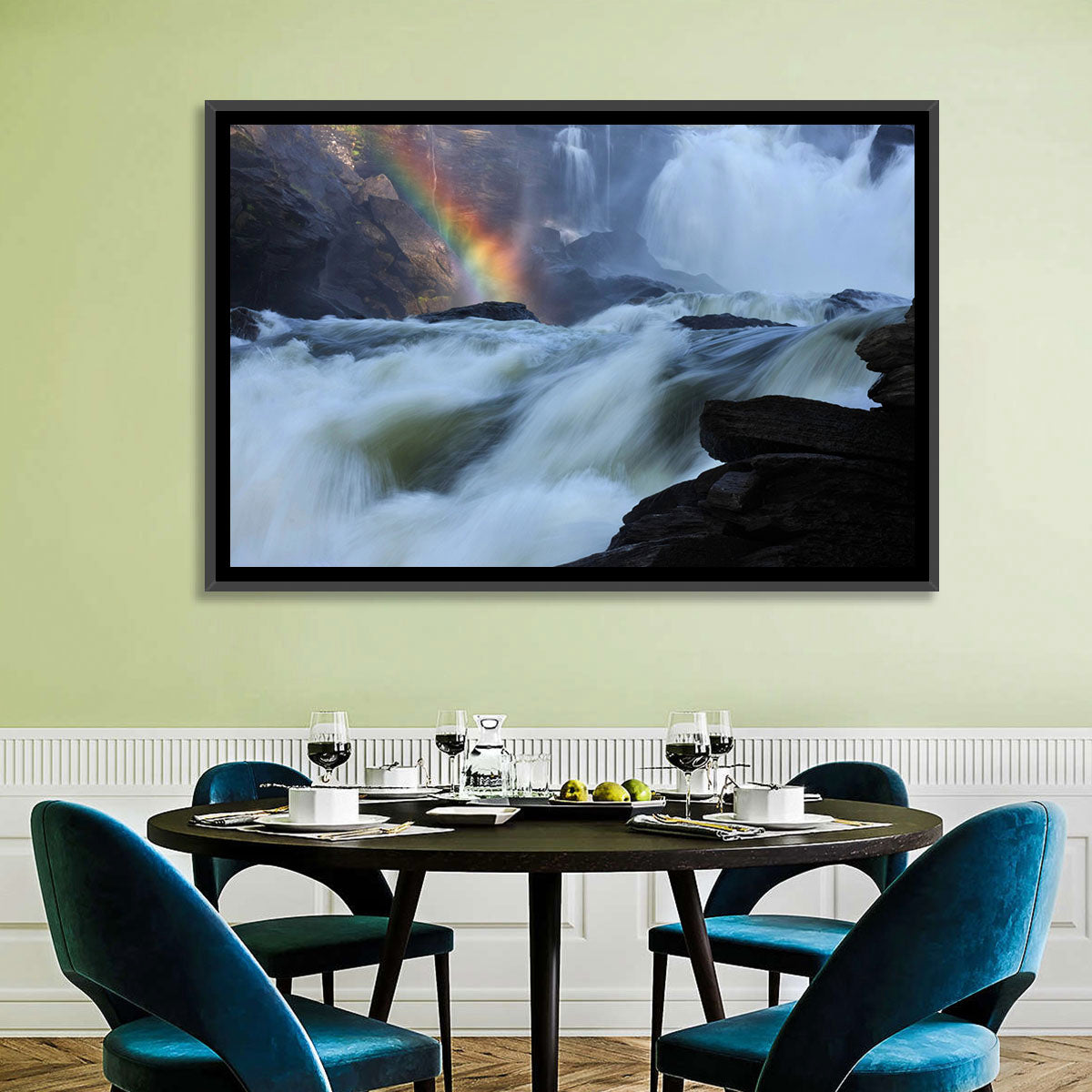 Rainbow Over Rushing River Wall Art in a room, landscape