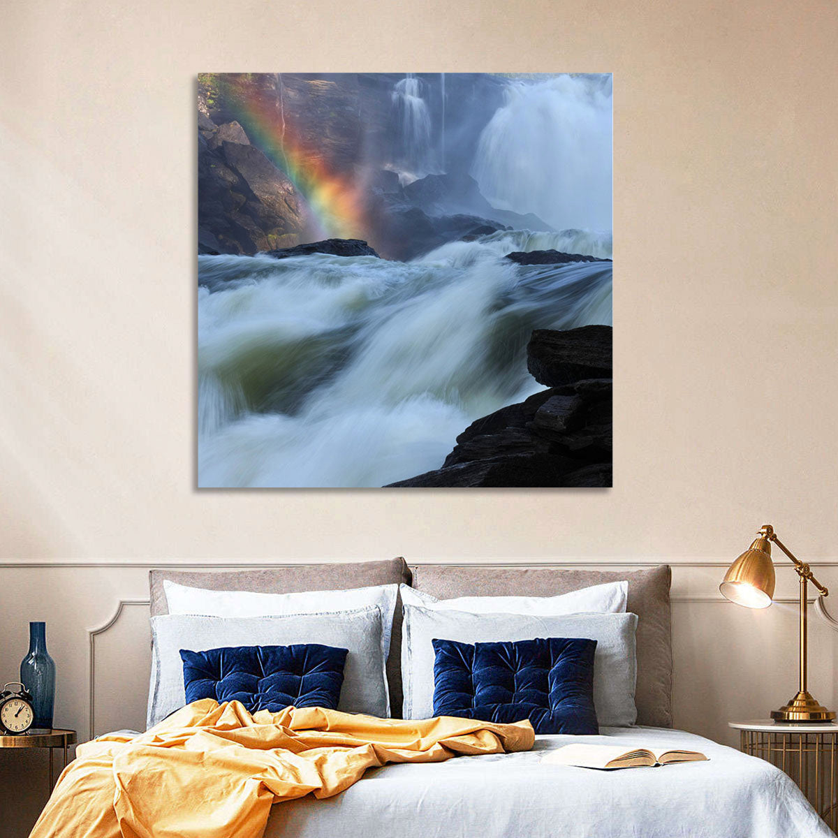 Rainbow Over Rushing River Wall Art in a room, landscape