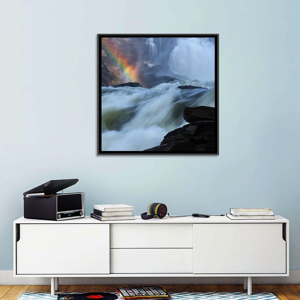 Rainbow Over Rushing River Wall Art in a room, landscape