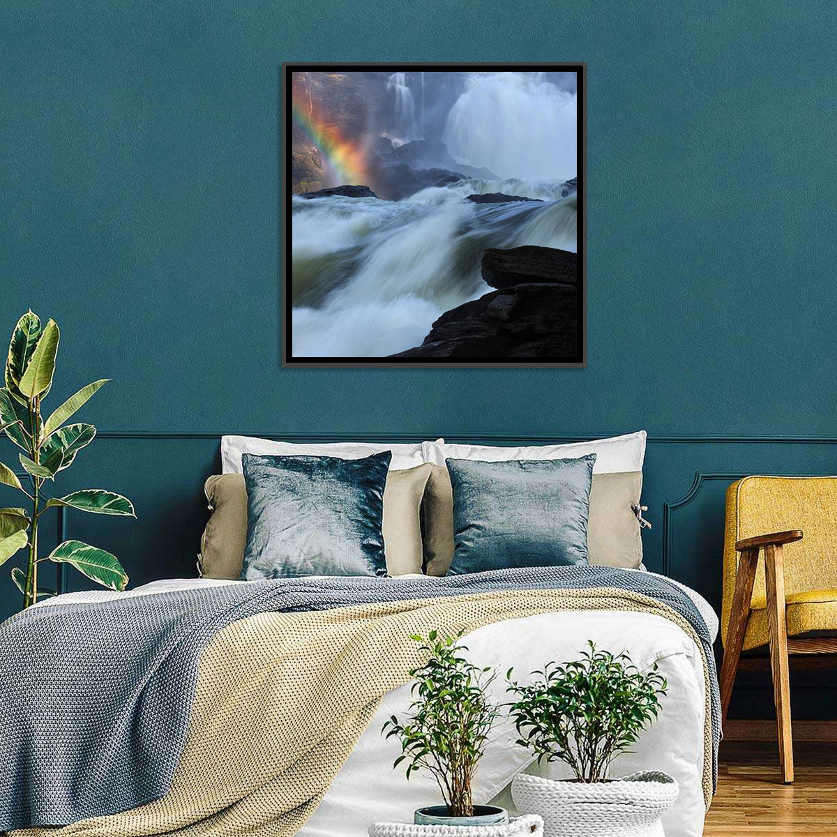 Rainbow Over Rushing River Wall Art in a room, landscape