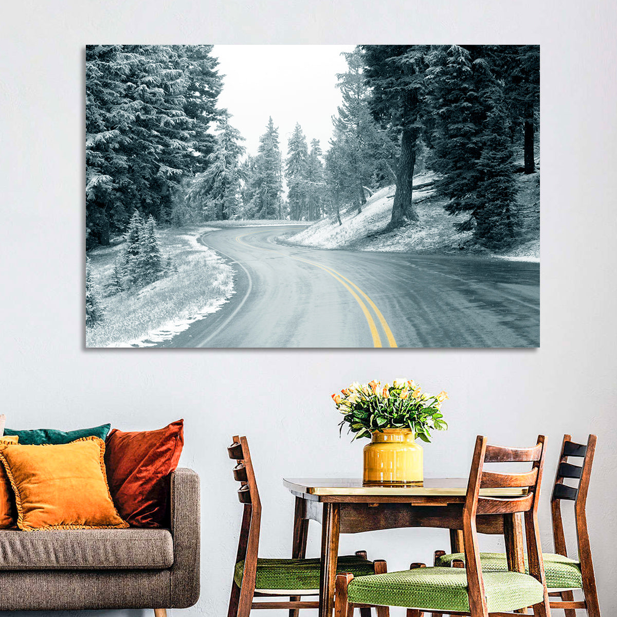 Winding Snowy Highway Wall Art in a room, landscape
