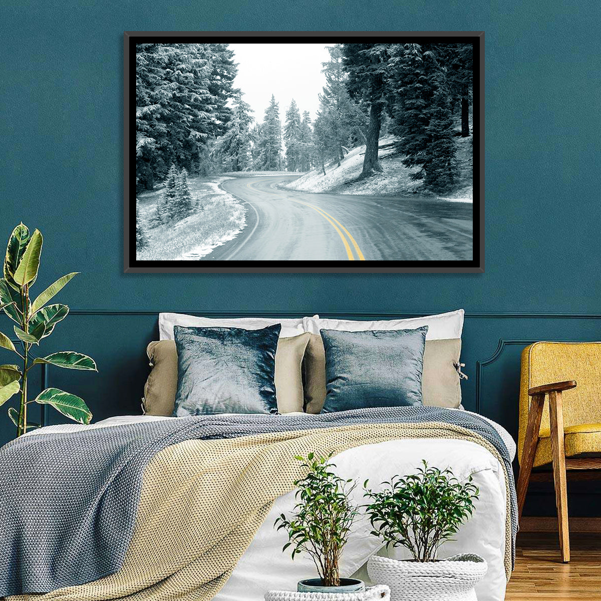 Winding Snowy Highway Wall Art in a room, landscape