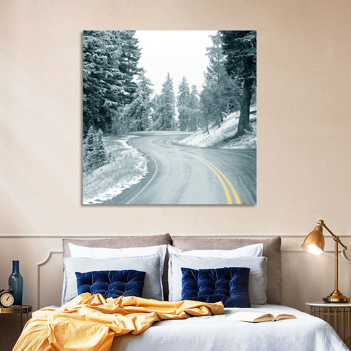 Winding Snowy Highway Wall Art in a room, landscape