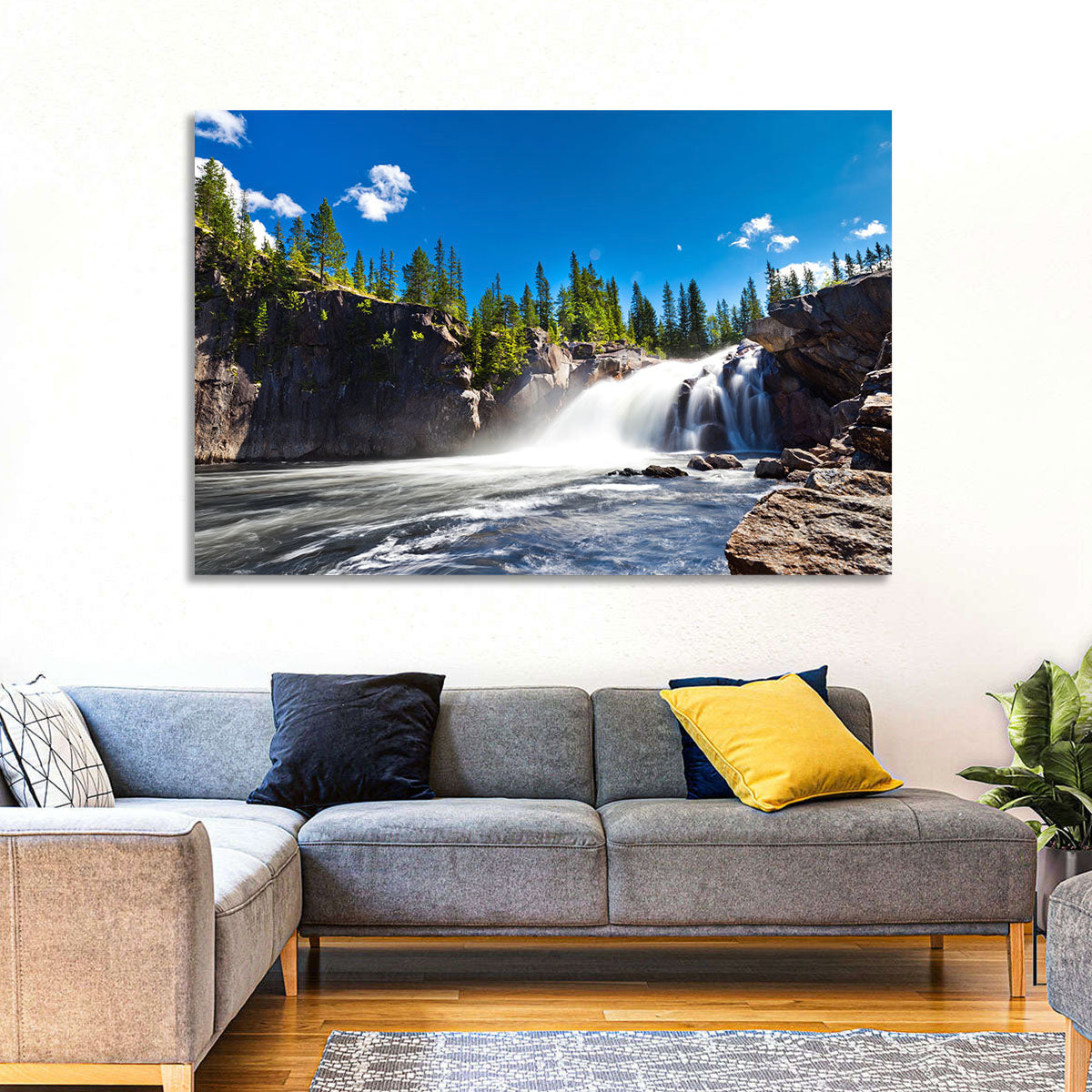 Misty Blue Waterfall Wall Art in a room, landscape