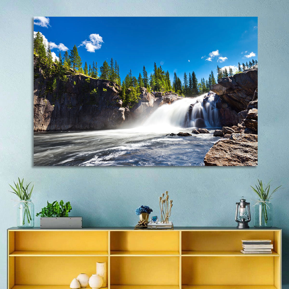 Misty Blue Waterfall Wall Art in a room, landscape