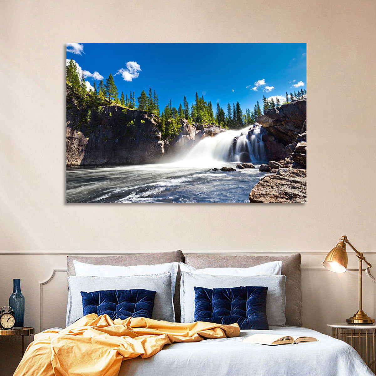 Misty Blue Waterfall Wall Art in a room, landscape