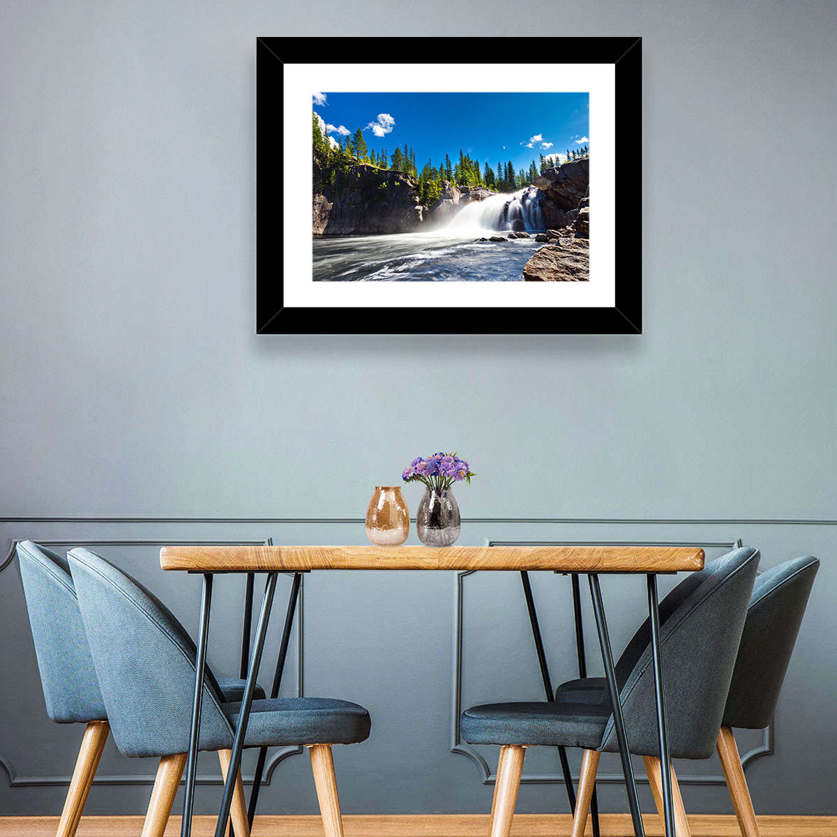 Misty Blue Waterfall Wall Art in a room, landscape