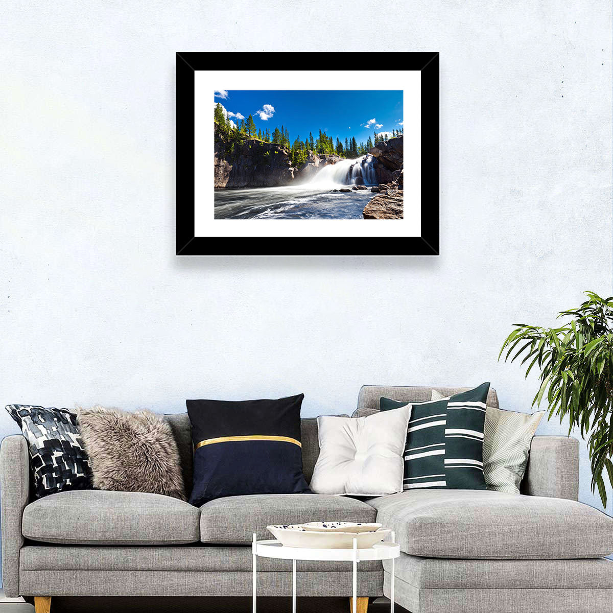 Misty Blue Waterfall Wall Art in a room, landscape