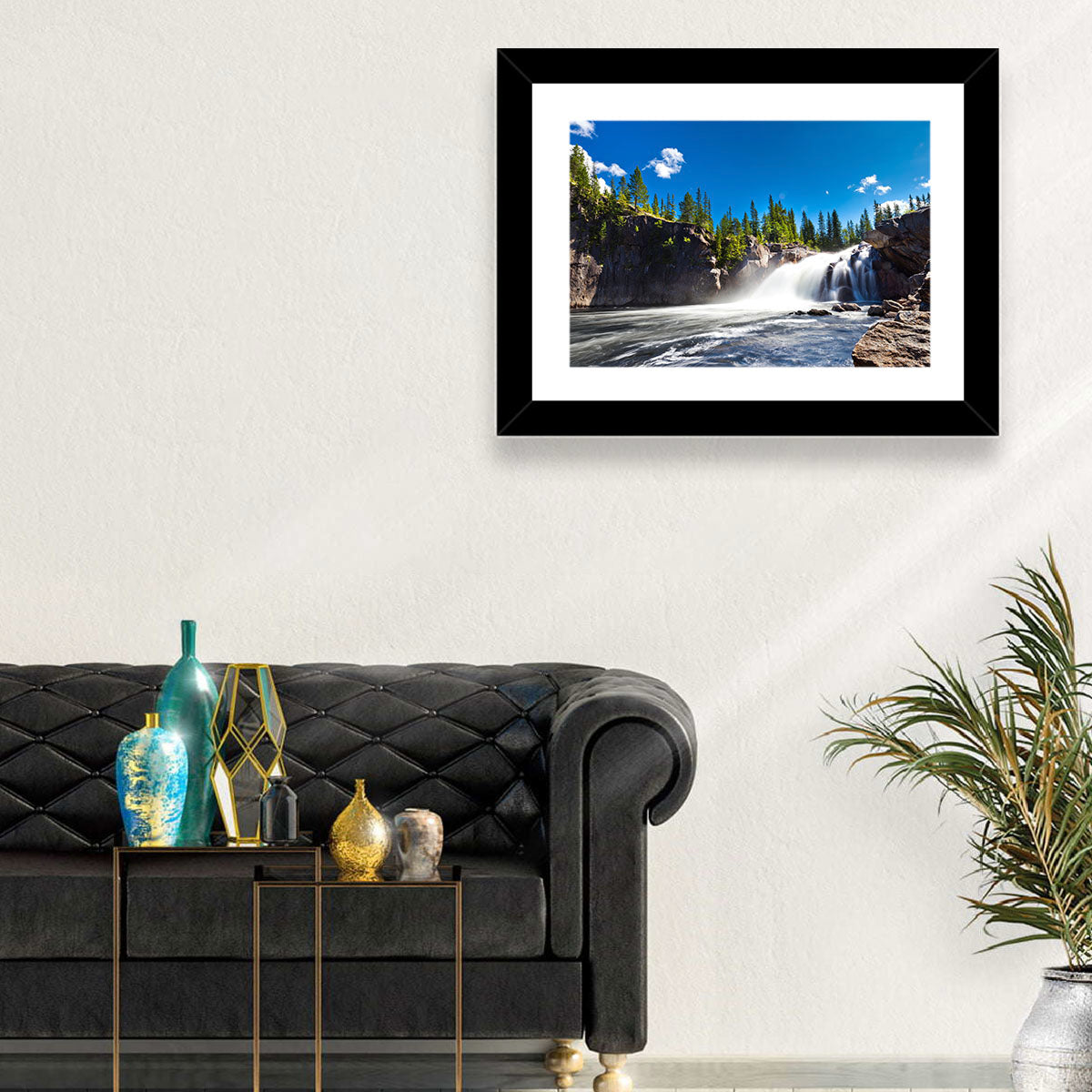 Misty Blue Waterfall Wall Art in a room, landscape