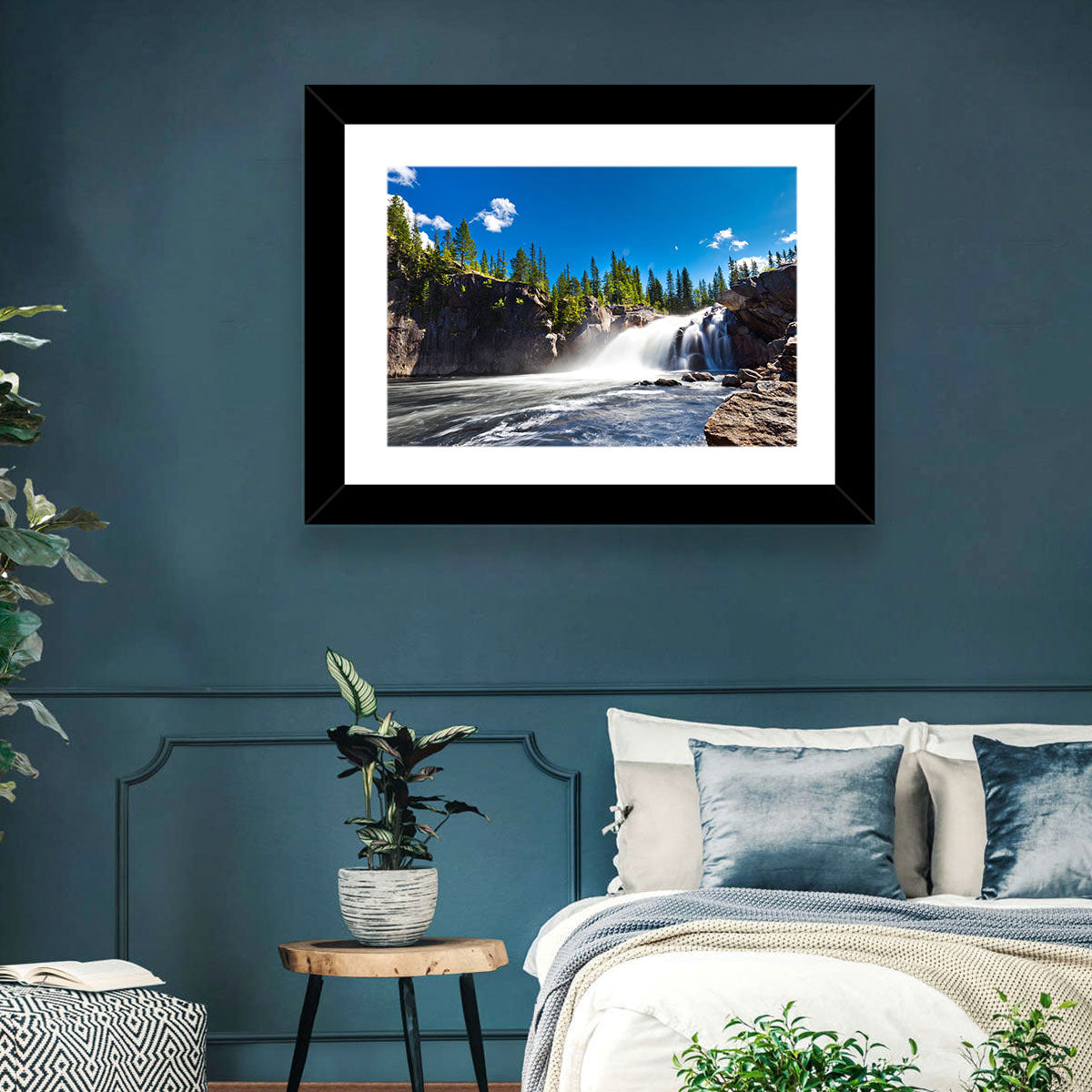Misty Blue Waterfall Wall Art in a room, landscape