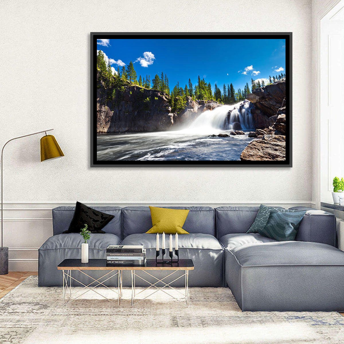 Misty Blue Waterfall Wall Art in a room, landscape